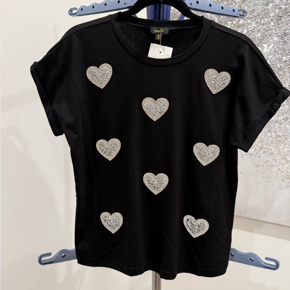 Black T-Shirt with Silver Heart Accents